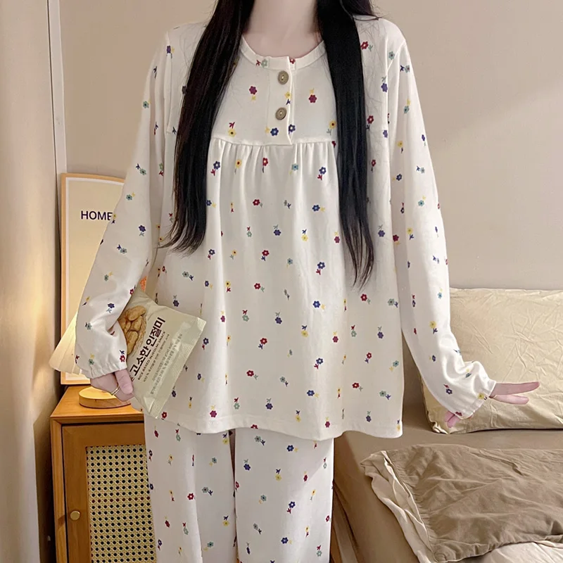 2024 Spring Autumn Women Pajama Sets New Long Sleeve Pants Pijama Korean Cute Girl Loose Sleepwear Imitation Cotton Home Clothes