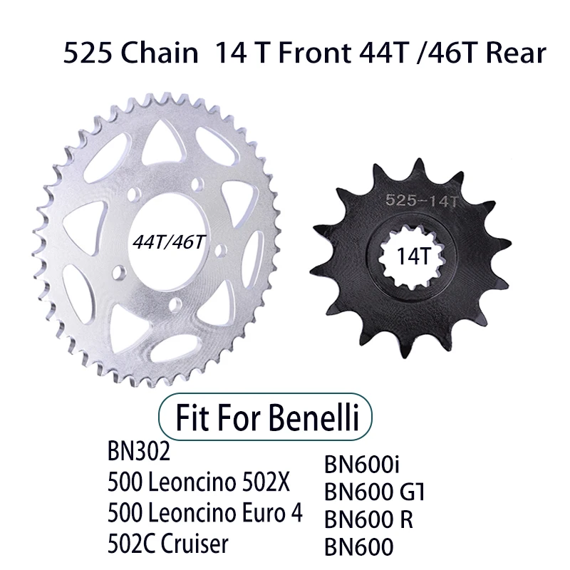 525 Chain Motorcycle 14 T Front 44T 46T Rear Sprocket Kit For Benelli BN302 500 Leoncino 502X Euro 4 502C Cruiser BN600i BN600