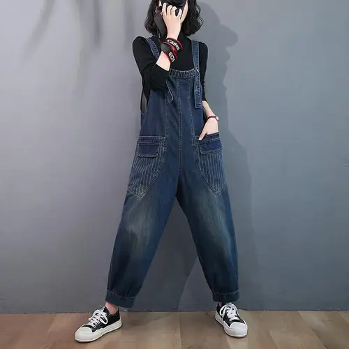 Imagen 2 del producto Pantalones vaqueros holgados con bolsillos para mujer, peto con tirantes para el hombro, mono informal Retro de talla grande, moda de otoño, 2024