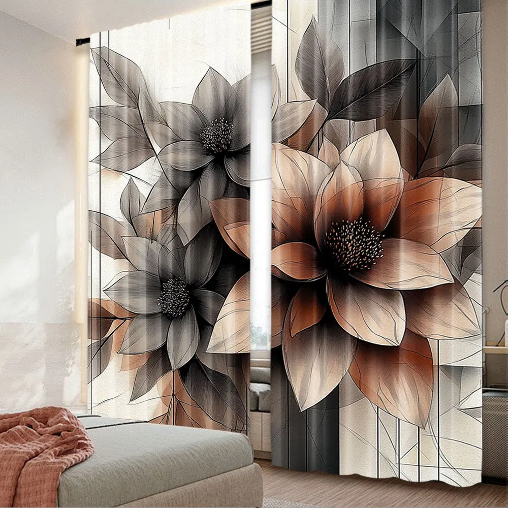 2Pcs Floral Curtain Modern Boho Concept Simplistic Effect Flowers And Leaves Suitable For Bedroom Bathroom Living Room