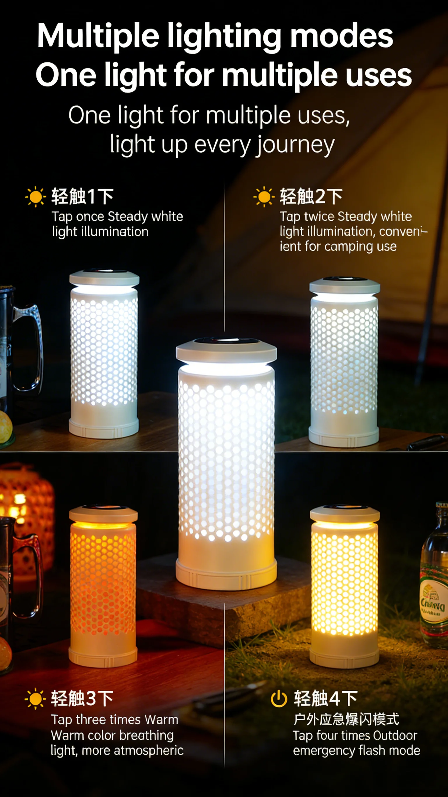 Multi-functional Camping Lanter Rechargeable 28 High-Brightness LED Lantern Telescoping Dual Color Light 180°Rotatable With Hook