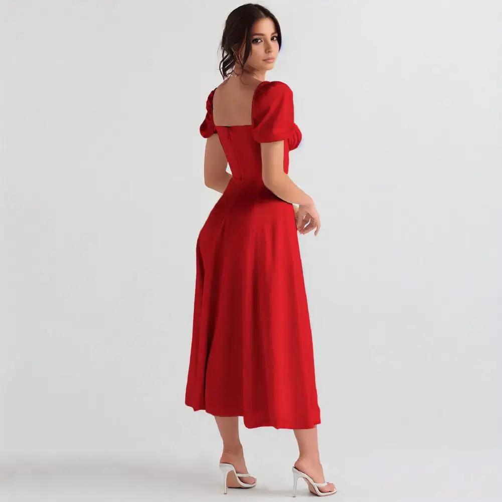 Mulheres a linha vestido elegante pescoço quadrado em camadas babados cintura alta a linha plissado rendas cinta sem costas senhora midi vestido