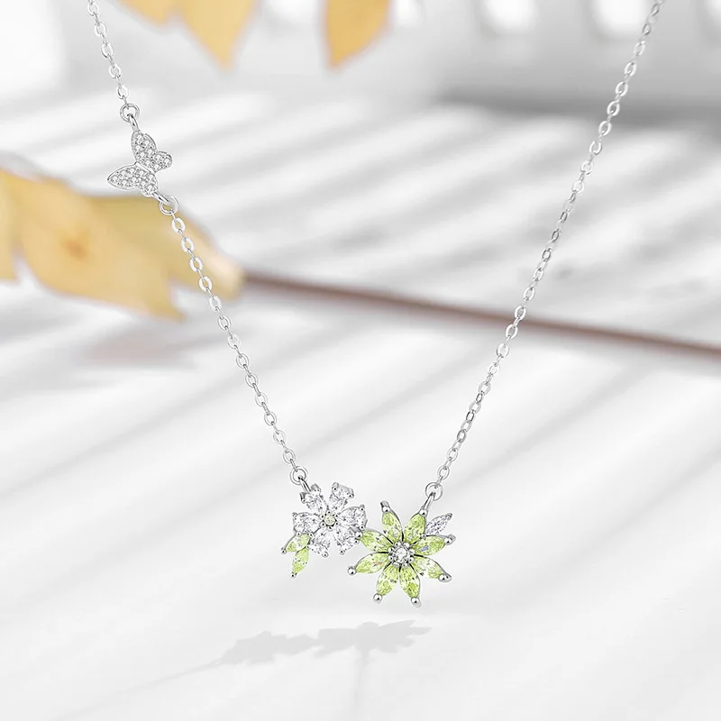 الأوروبي تألق 925 فضة الأخضر زهرة قلادة قلادة AAA تشيكوسلوفاكيا للنساء هدية عيد ميلاد مجوهرات