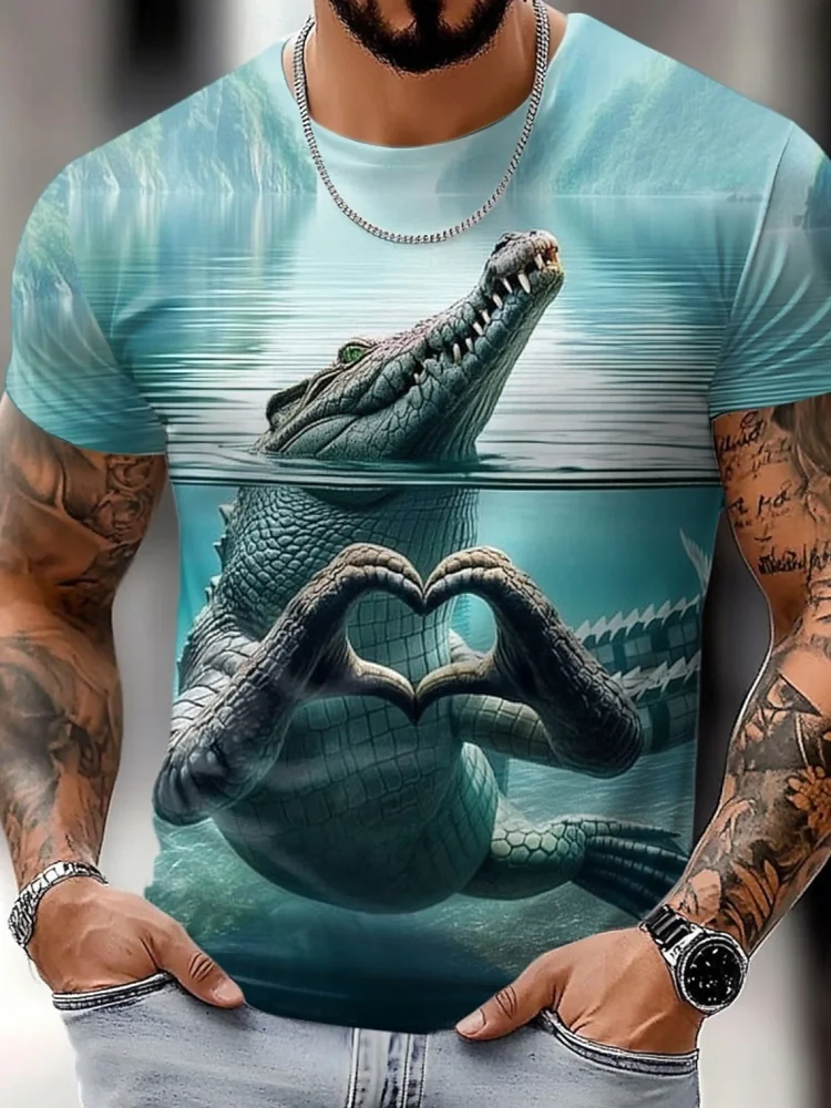 2025 Summer Daily Casual Men's Shirt Outdoor Street Men's Loose Short-sleeved Shirt 3D Crocodile Print Men's Fashionable T-shirt