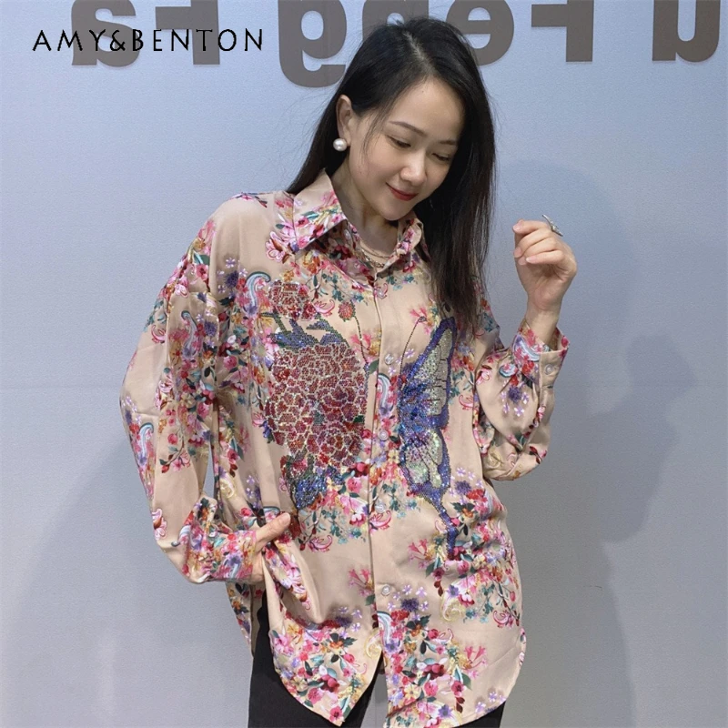 

Cool Loose Casual Easy For Match Small Floral Long Sleeves Shirt Women's Summer Thin Printing Chiffon Diamond Drills Tops Blusas
