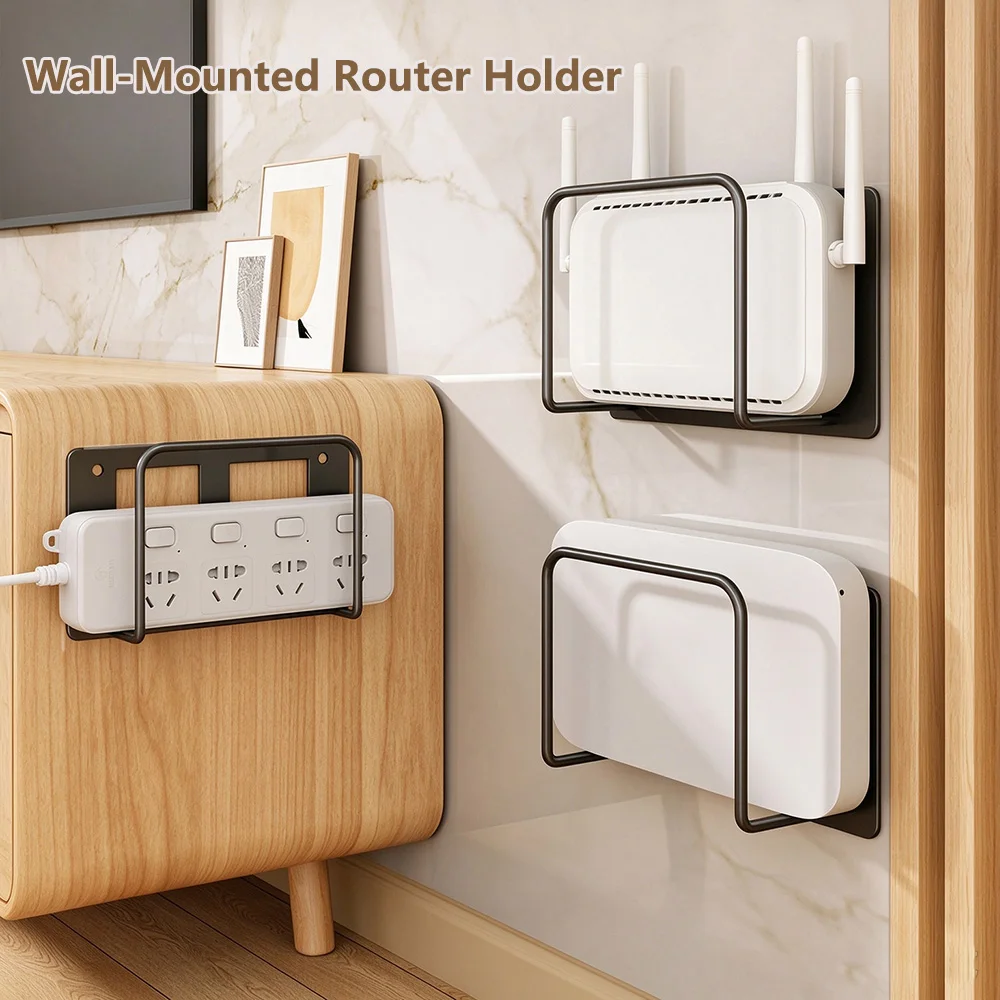 Wall Mounted Router Storage Rack Punch Free Carbon Steel Modem Holder Space Saving Wall Shelf for Home Office Device Organizer