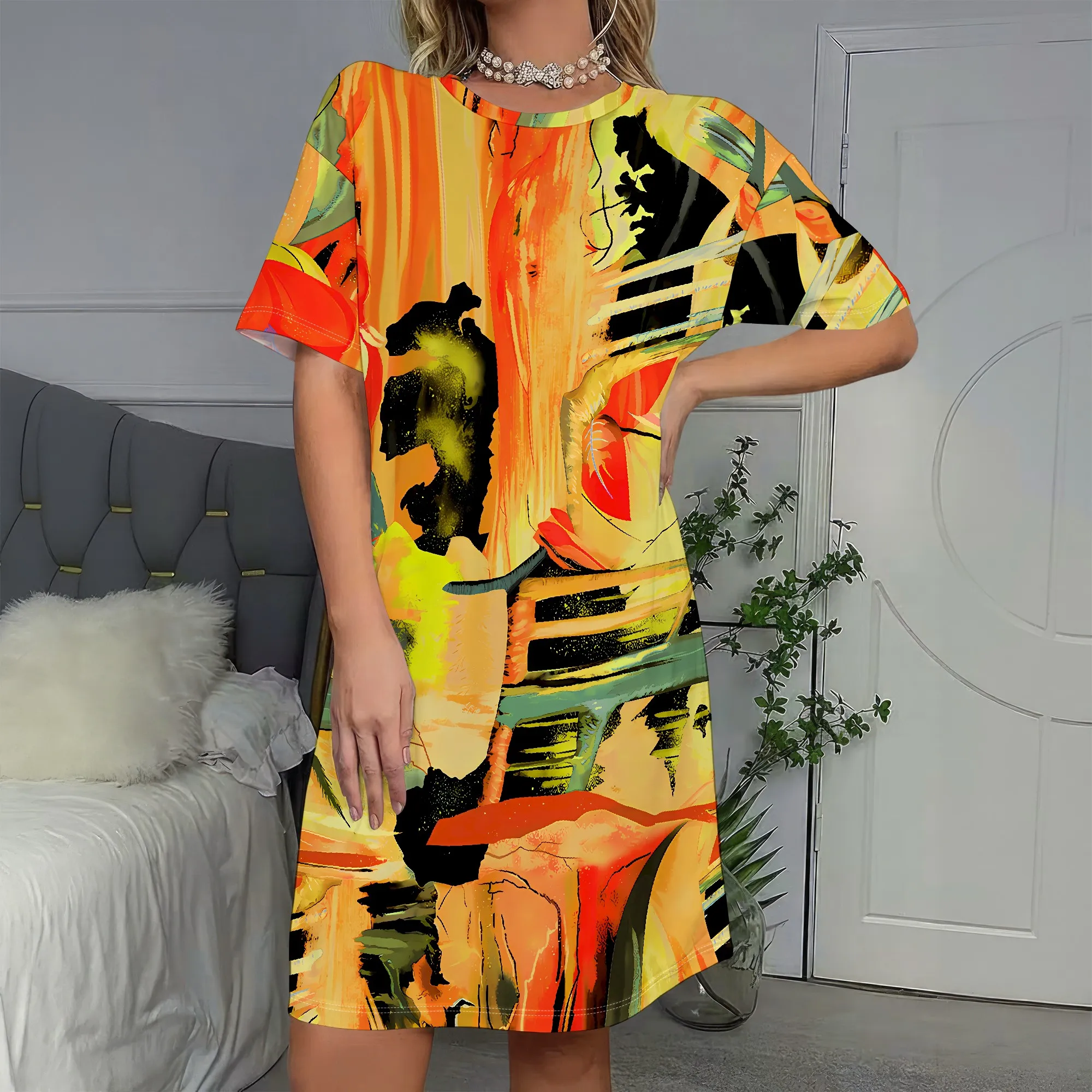 Abstract Art Print, Short Sleeve Dress, Vibrant Orange Yellow Black, Modern Loose Fit, Casual Party Wear, S-2XL