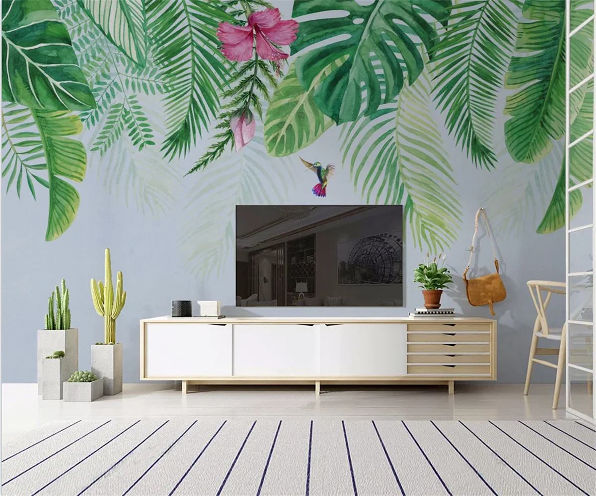 self-adhesive relief material wallpaper Nordic style tropical plant Flowers and birds hotel bedroom background wall wallpaper