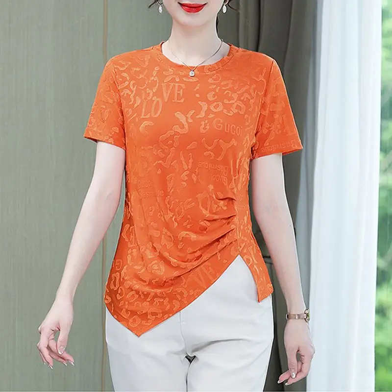 

New Summer Women's Solid Colors O-Neck Short Sleeve Loose Thin Irregular Shirring Pullovers Fashion Casual Commute Tops