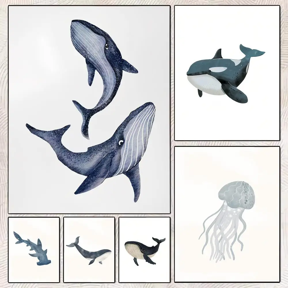 Ocean Animal Shark Turtle Dolphin Whale Fish Poster Watercolor Canvas Wall Art Print for Living Room Nursery Home Decor
