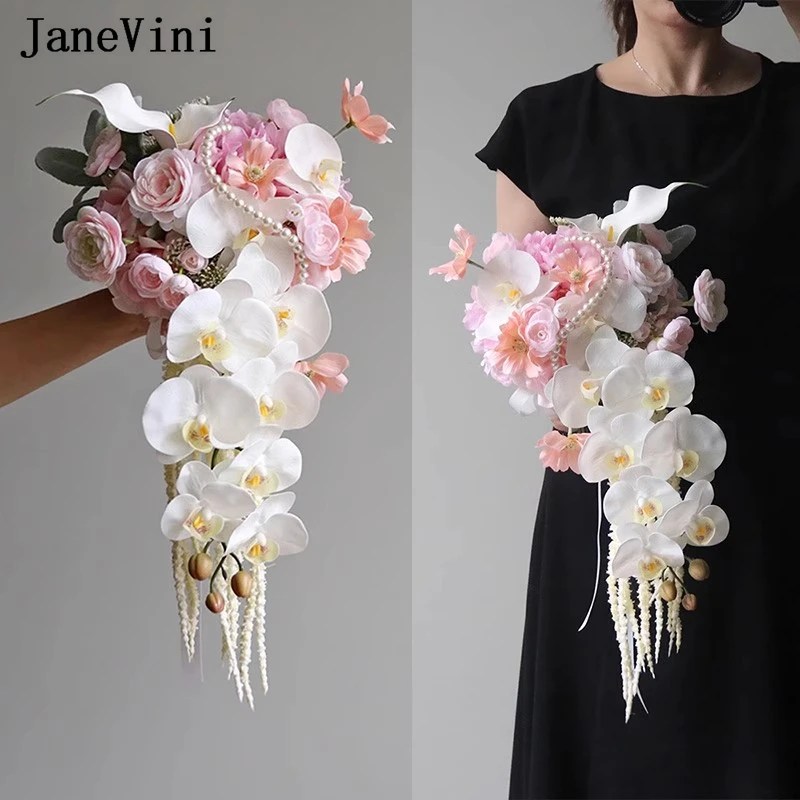 JaneVini Romantic Pink Waterfall Bridal Flower Bouquet Artificial Cascading Wedding Bouquet for Bride Synthetic White Charm Flor