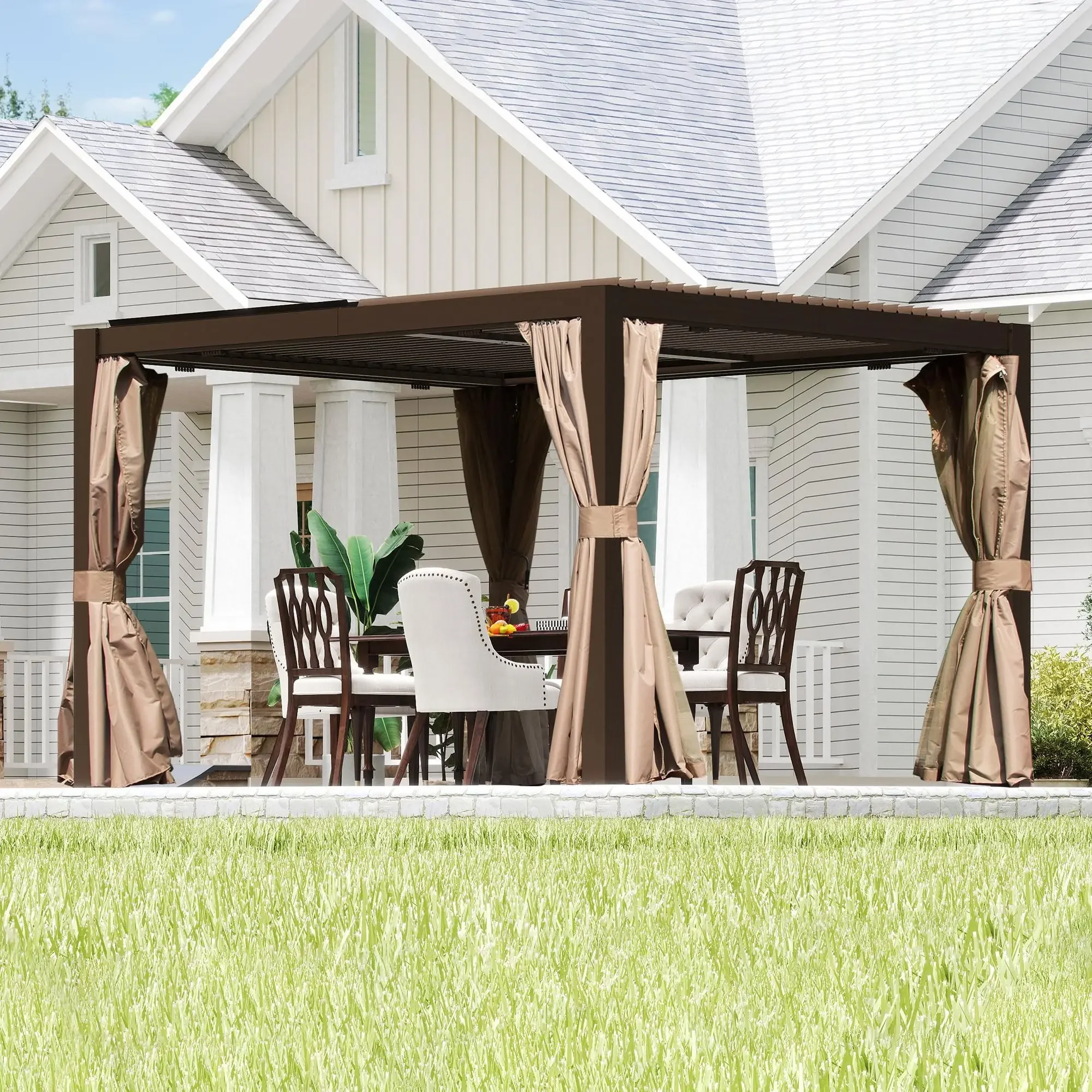 ！@10' X 12' Aluminum Outdoor Pergola Adjustable Louvers Full Aluminum Frame Built-in Gutter System Modern Gazebo Canopy Pergola