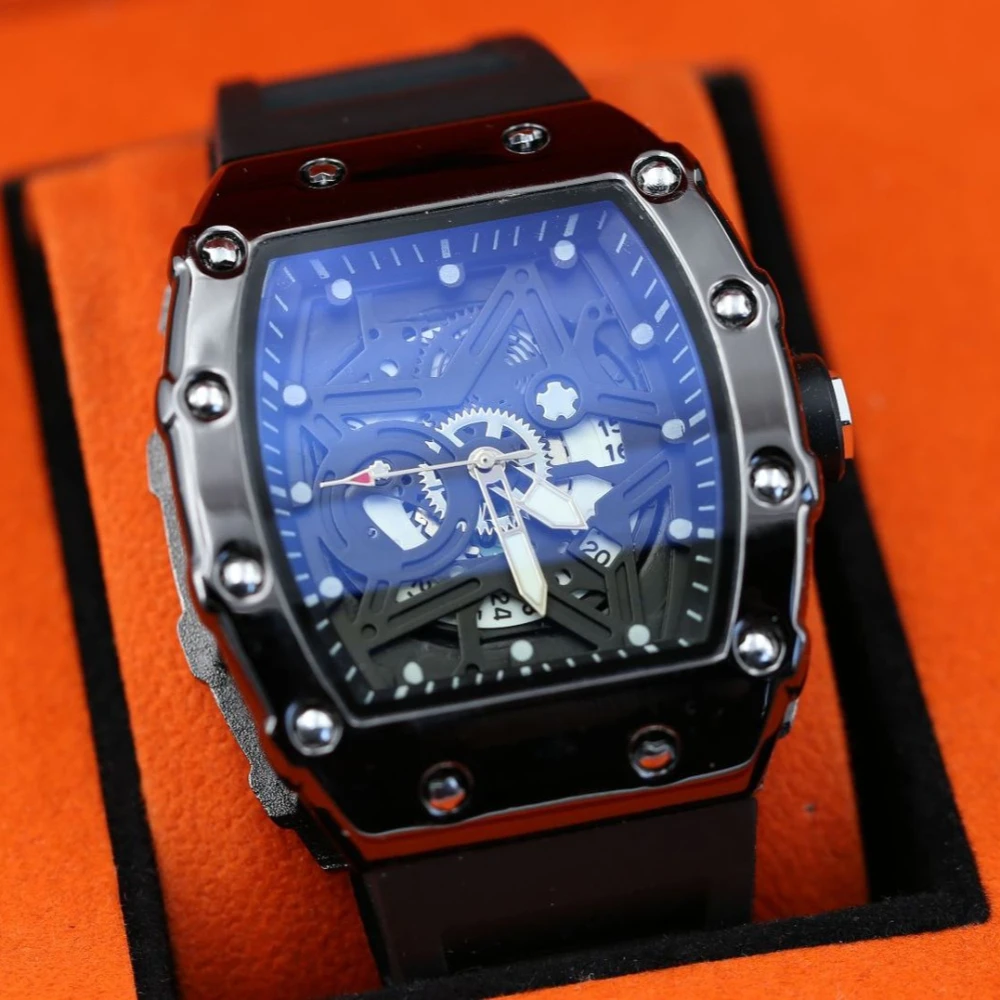 Hollow Tonneau Classic Quartz Watches Men Luxury Carving Design Brand Waterproof Silicone Square Men Male Watch Clock Relogio