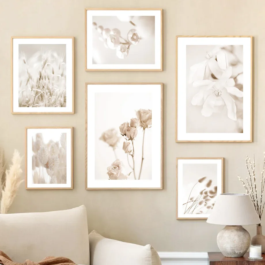 1pc frameless Canvas Painting Beige Reed Peony Orchid Rose Boho Minimalist Aesthetics Wall Art Print Canvas Painting for Living