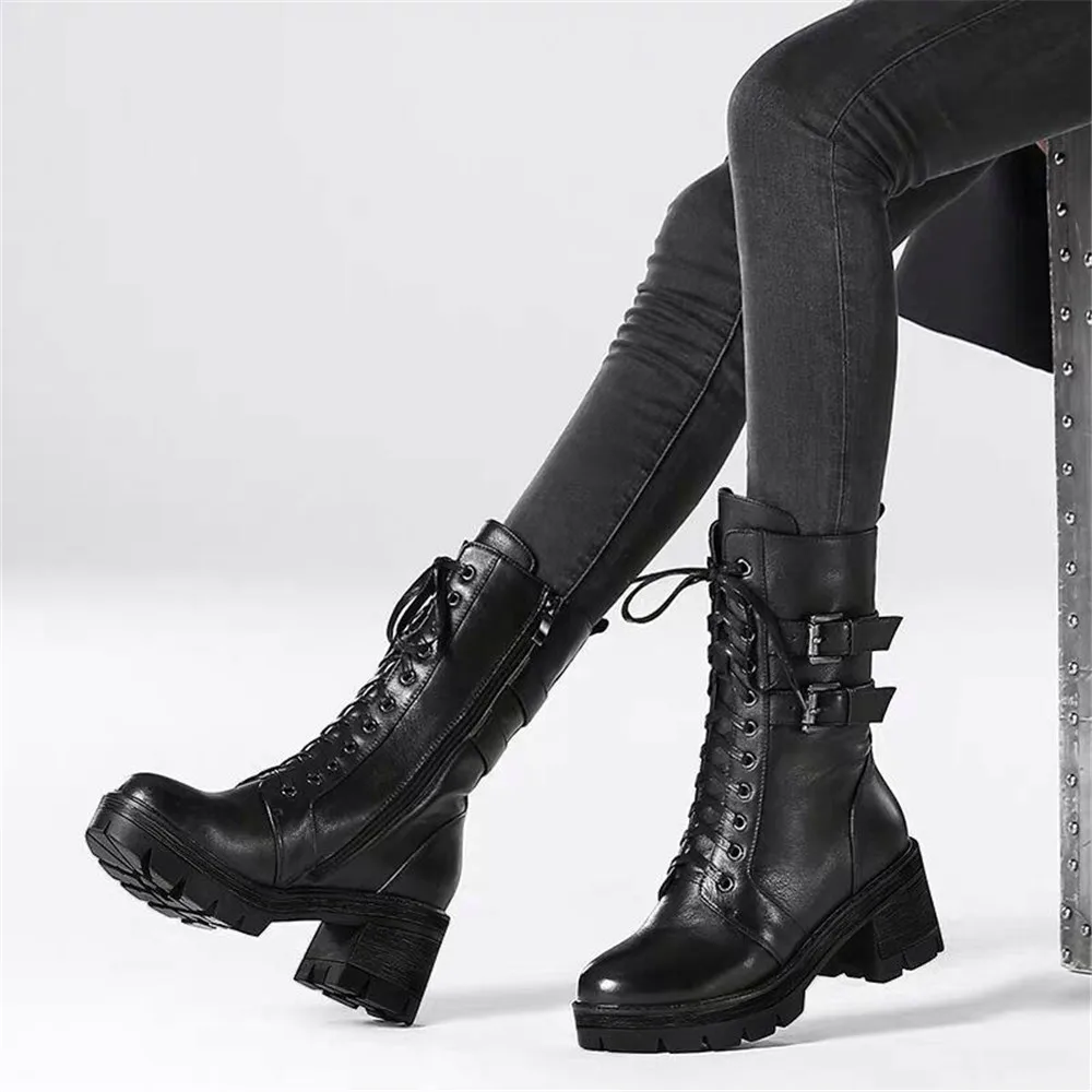 New women\'s Autumn Winter Plush Motorcycle Boots Female Thick Heel Mid Calf Student  British Style Korean Buckle Leather Shoes