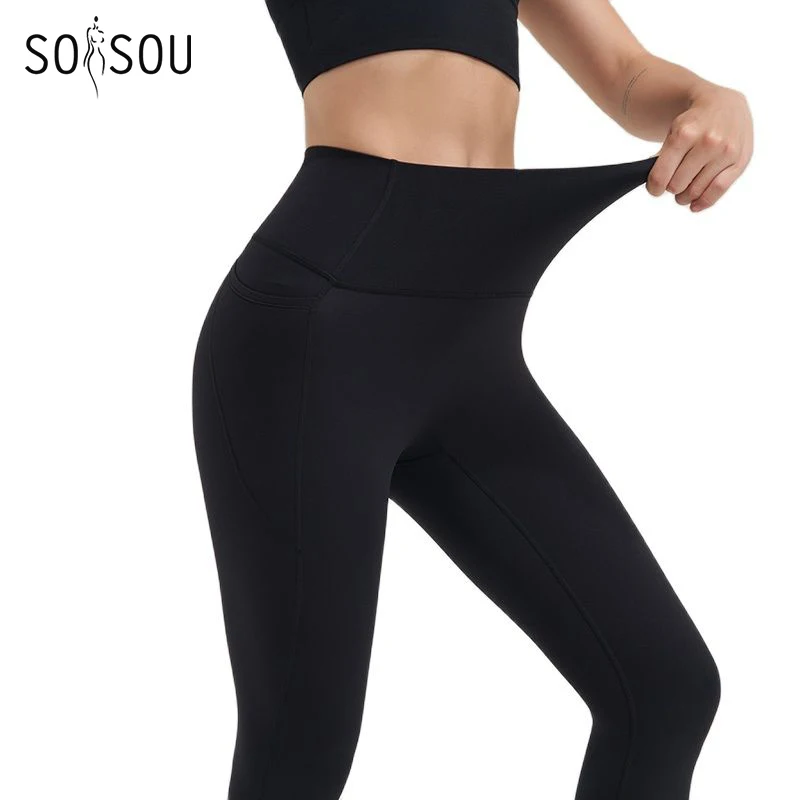 SOISOU Nylon Leggings Yoga Women\'s Pants Gym Sport Fitness Pants Tight Elastic Breathable High Waist Side Pockets Sportswear