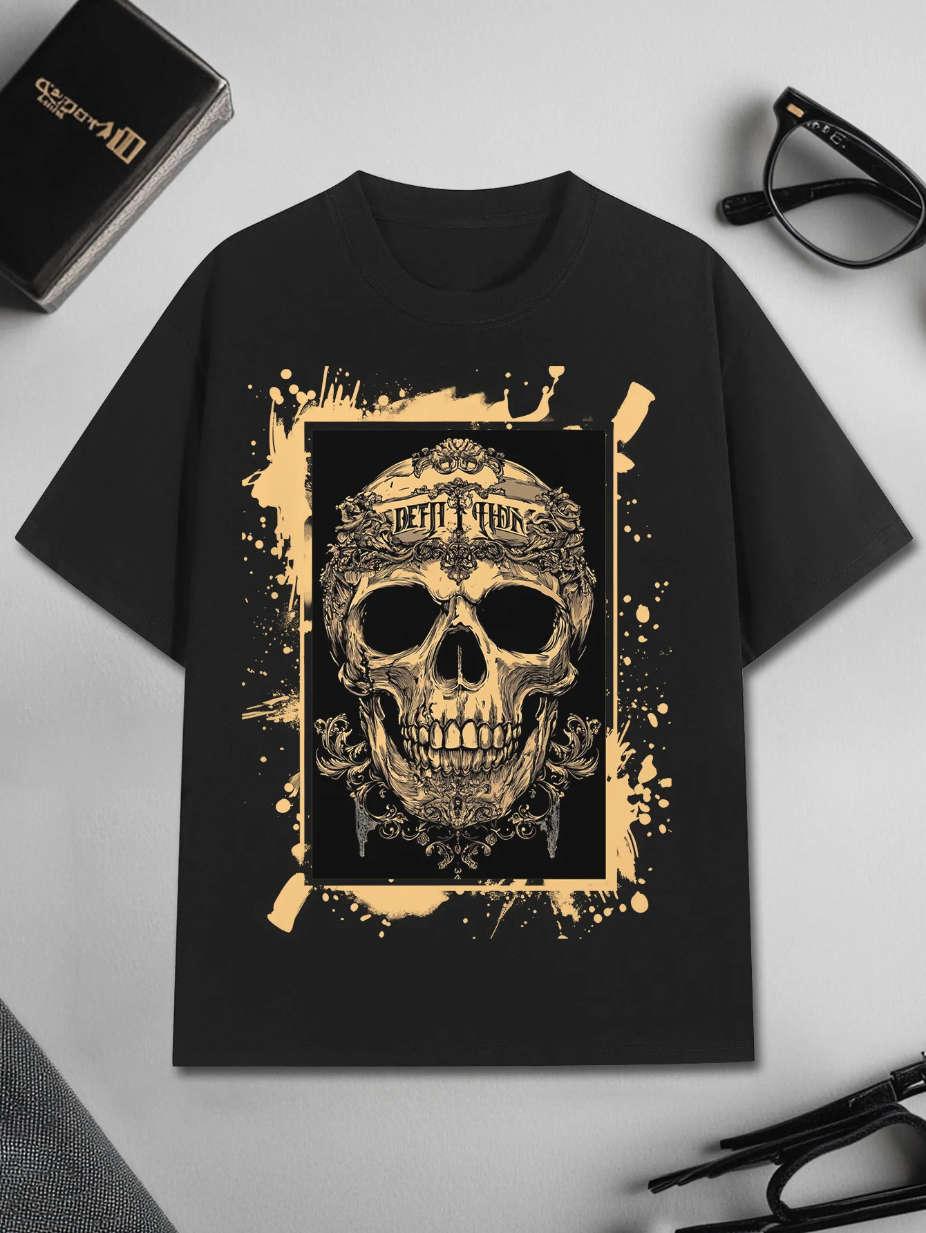 Gothic Men's Black Graphic T-Shirt Skull Crown Ornate Frame Splatter Vintage Typography Dark Art Print 100% Cotton Heavyweight Short Sleeve Casual Streetwear Tee
