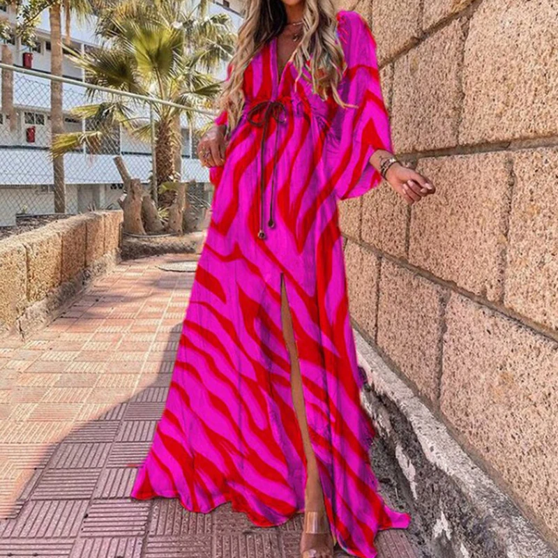Vestido largo sexi de verano para mujer, vestido holgado con cuello en V para Bikini, vestido veraniego con estampado bohemio, Túnica elegante para la playa, vestidos largos para cubrir