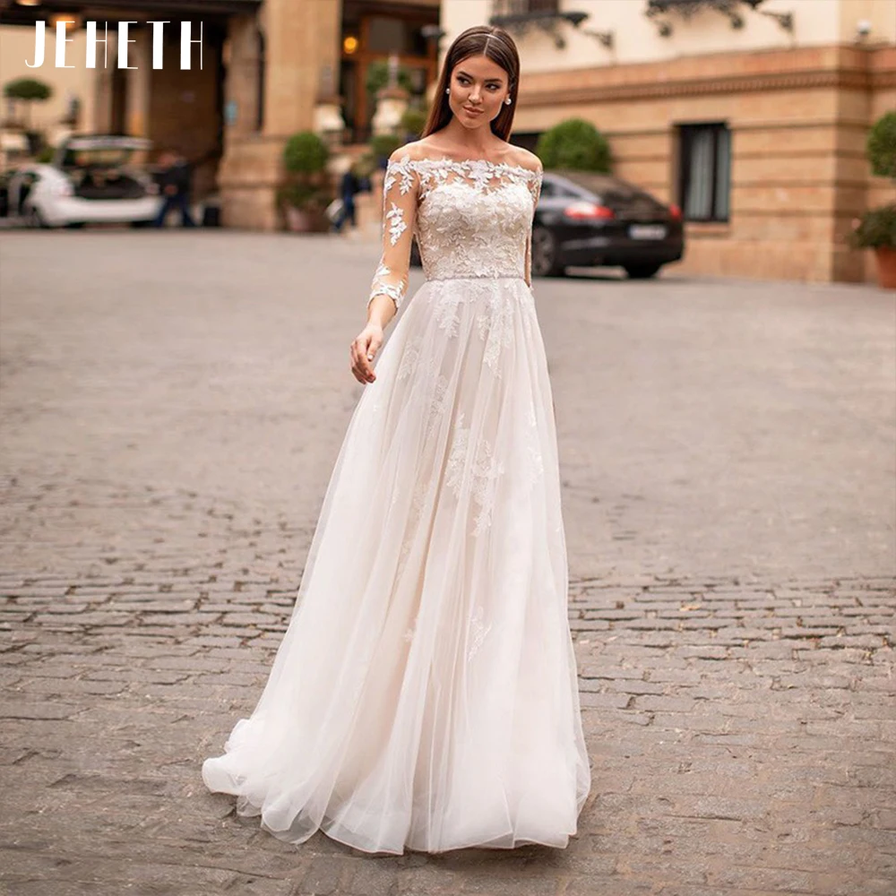 JEHETH Elegant Strapless A-Line ชุดแต่งงาน2022เรือคอ Appliques ลูกไม้ Boho เจ้าสาวชุดแขนยาว Vestido De Novia