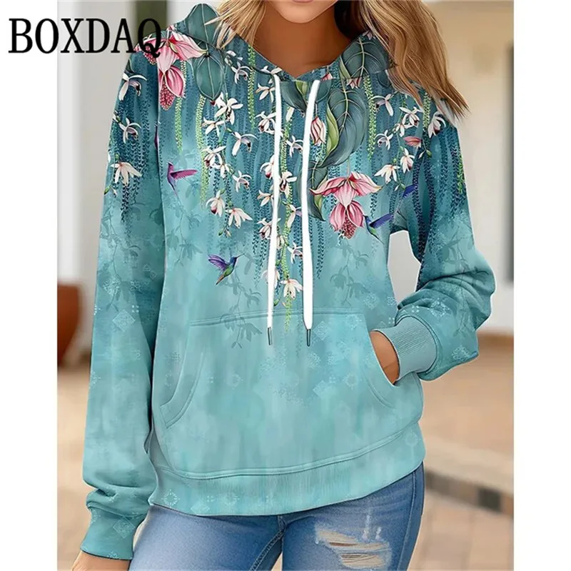 Vintage Flower Hoodies Floral 3D Print Women Fashion Winter Pullover Hooded Sweatshirts Streetwear Loose Pockets Woman Clothing