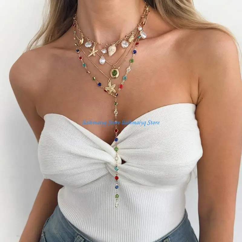 573B Stackable Shell Necklaces Set Of 4 With Mixed Metal Chains Vacation Shell Jewelry Set For Layering Look