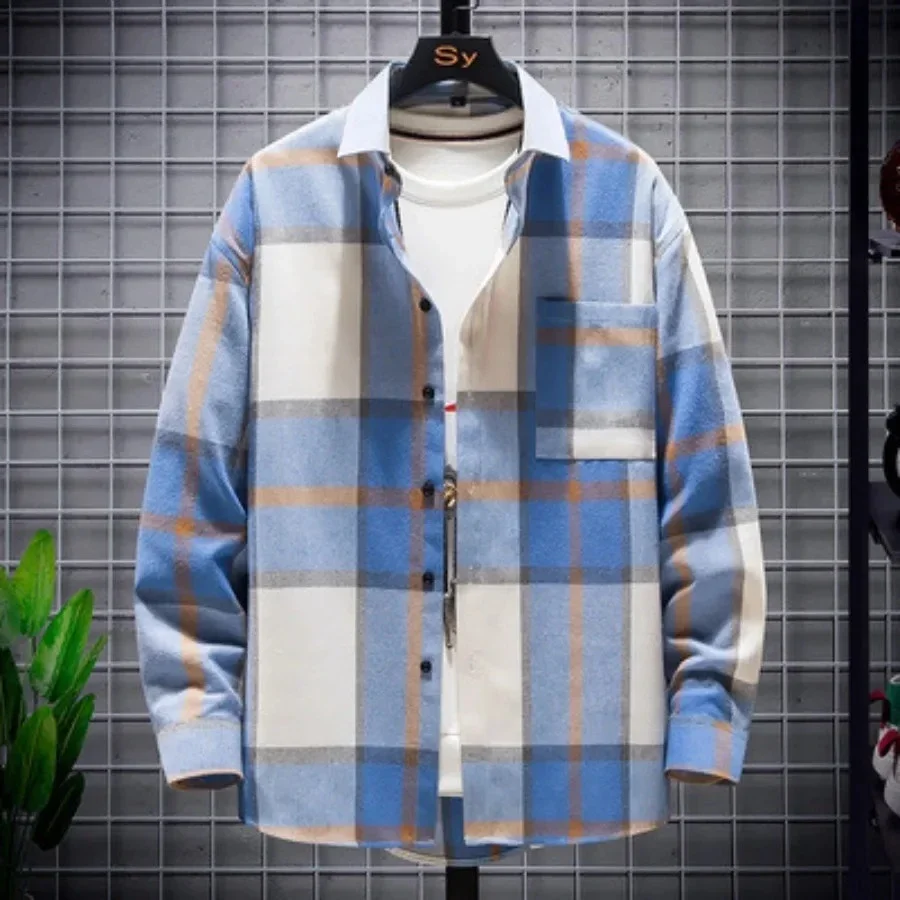 New Men's Casual Loose Plaid Print Shirts Classic Fashion Long Sleeved Shirt Coats Men Vintage All-match Shirts with Pocket