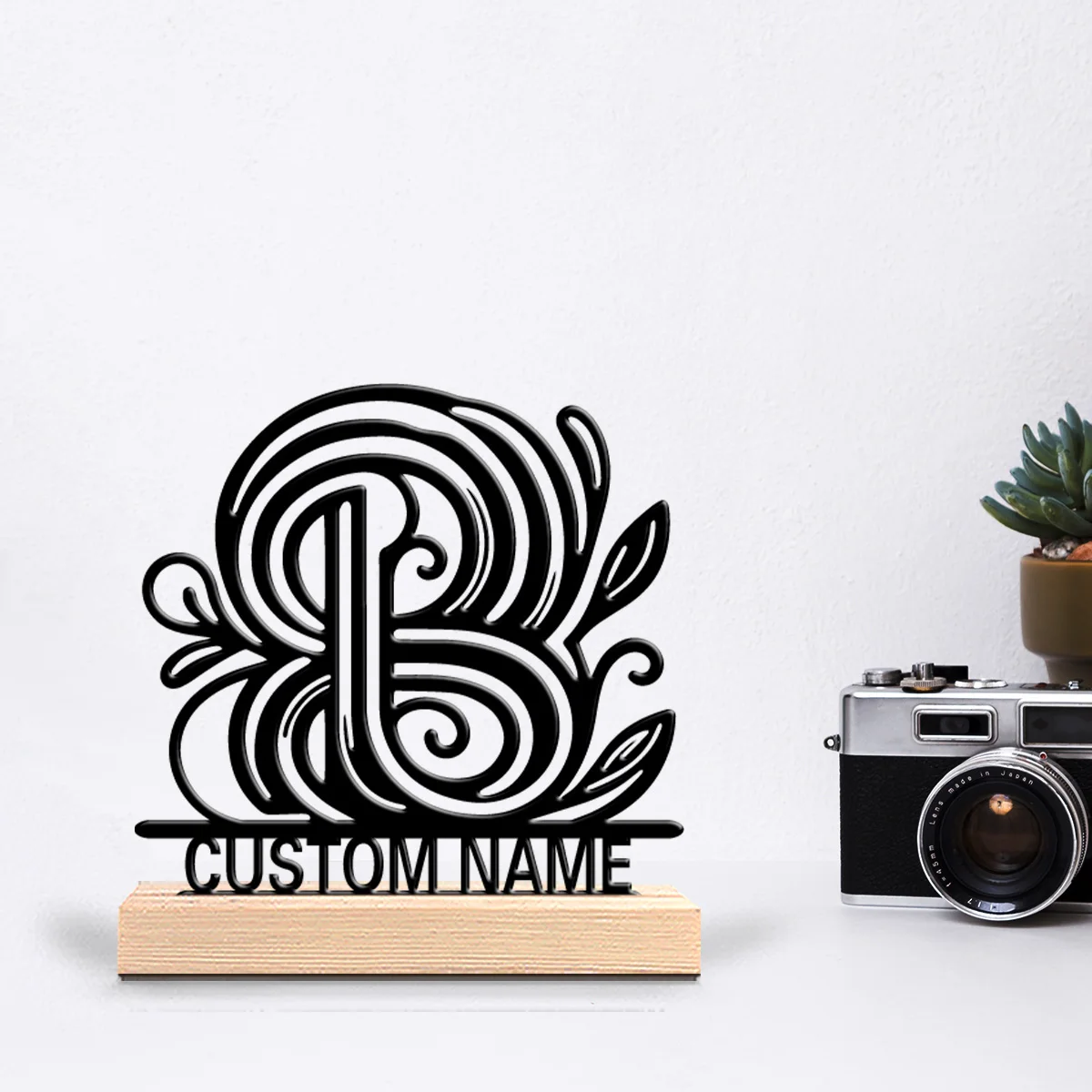 1pc Vintage B pattern Customized Text Tin Statue Art Crafts With Wood Base Metal Sculpture With Wood Base For Bedroom Desk Decor