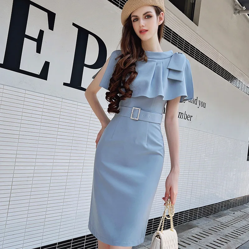 Dabuwawa Office Belt Women Dress Elegant Ruffle Neck Midi Vestidos Female Sleeveless Slim Fitted Dresses Ladies DF1BDR106