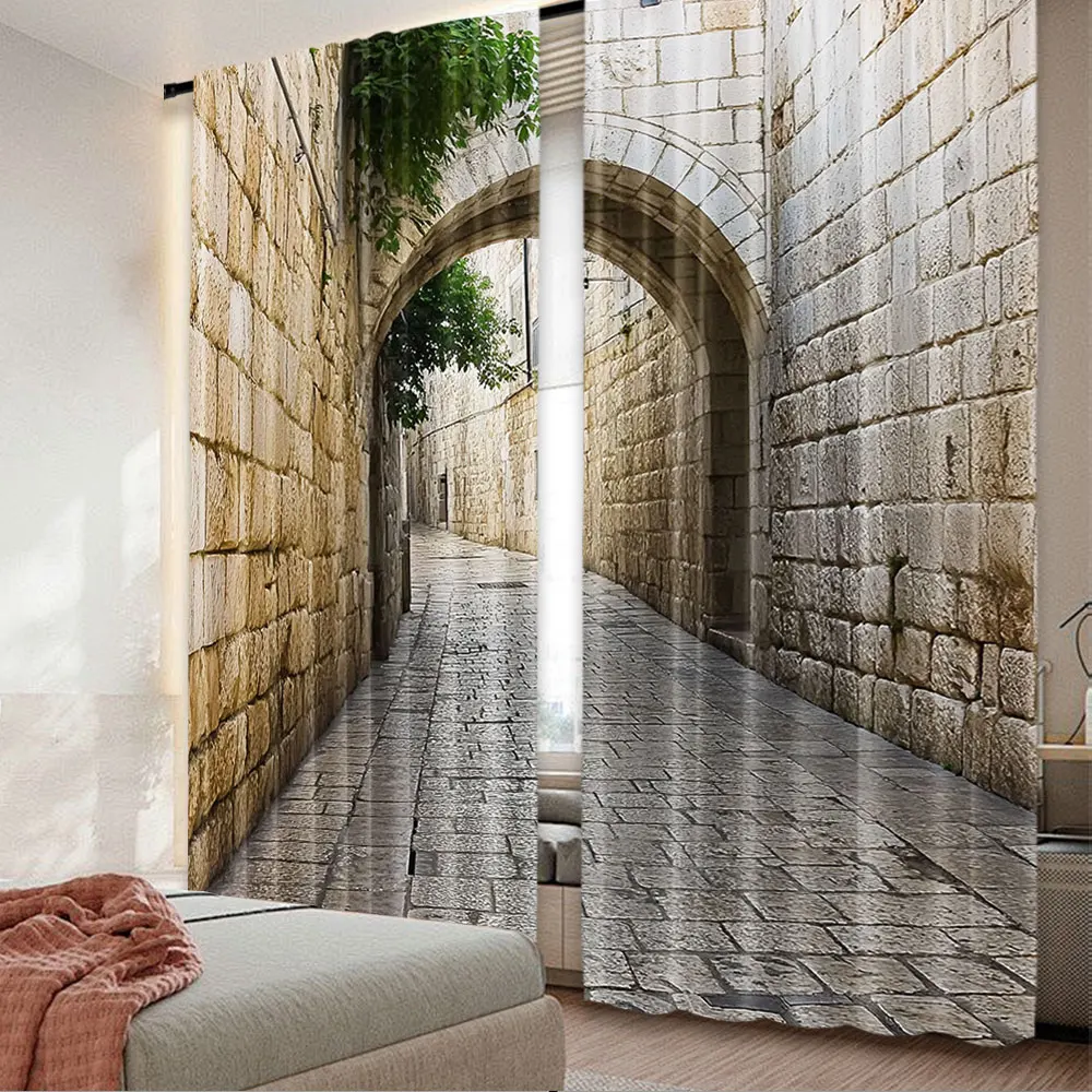 2Pcs Jerusalem Old City Street Curtain Dolorosa Avenue Ancient Street With Arches Stone Wall Buildings Window Drapes All Season