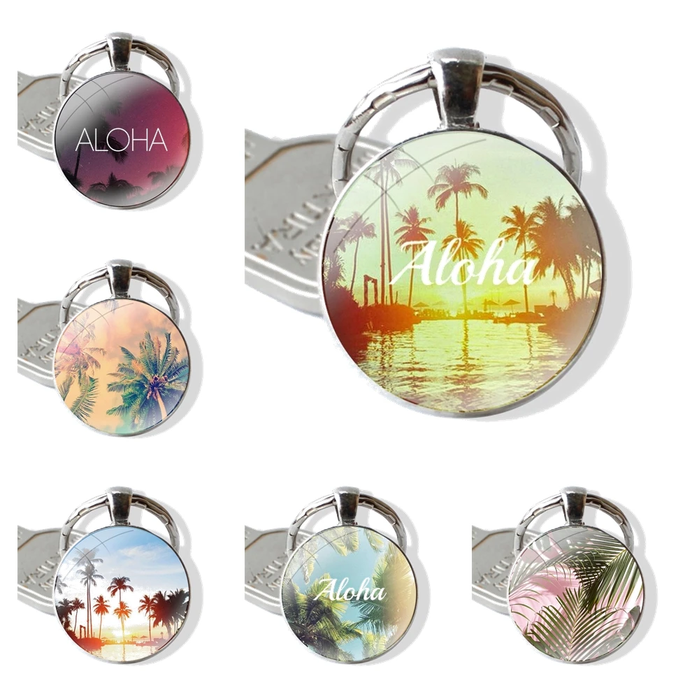 25mm Glass Cabohcon Keychain Key Rings for Women Men Jewelry Gift Green Venice Aloha Palms Printed Trees