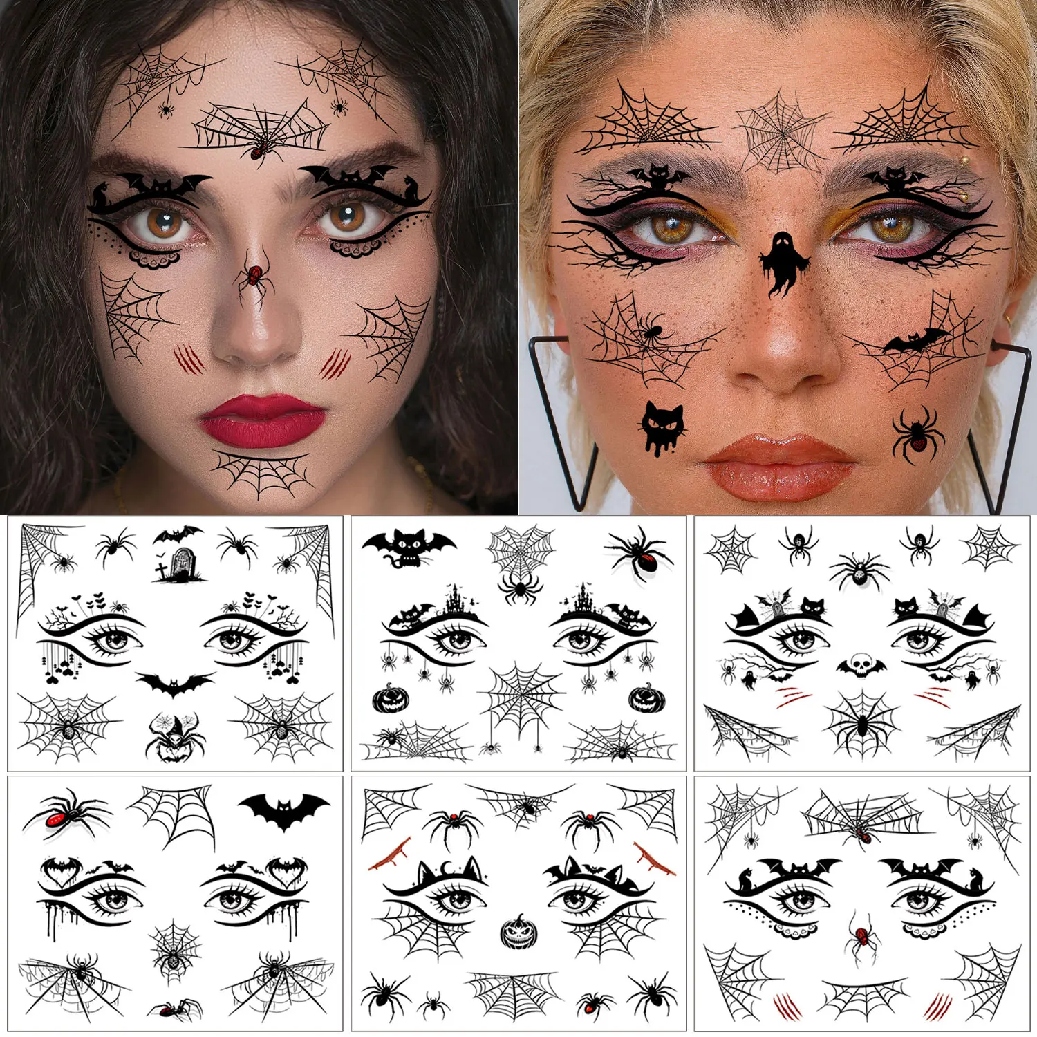 6 Pieces, Temporary Face Tattoo Stickers, Halloween Series, Black Skull Spider Spider Web Fake Tattoo Stickers, Suitable for Party Role-Playing Temporary Makeup