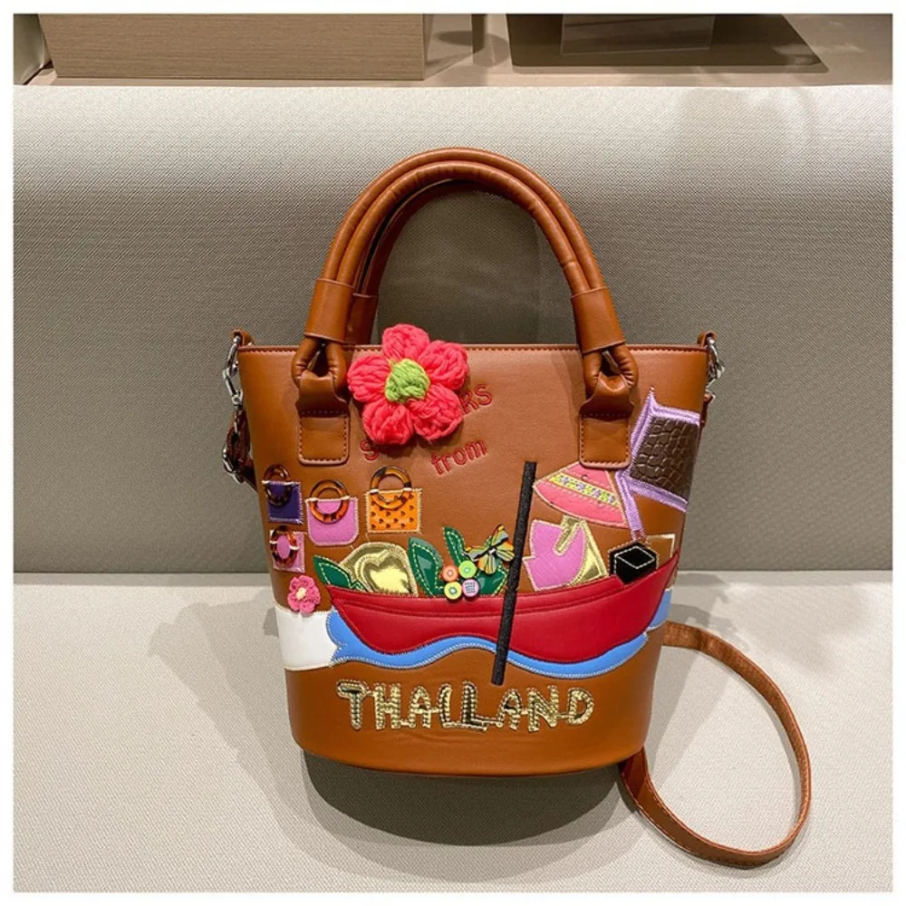 

Women's Thailand-Themed Embroidered Bucket Bag - Multiple Colors Cute Cartoon Pattern Handbag for Casual & Travel Use