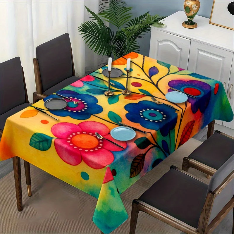 1pc Elegant Hand-Painted Multicolor Floral Tablecloth - Soft Rectangular Table Cover Suitable for Dining Table, Coffee Table, Picnic & Outdoor Use - Machine Washable Easy-Clean Vibrant Flower Table Decor