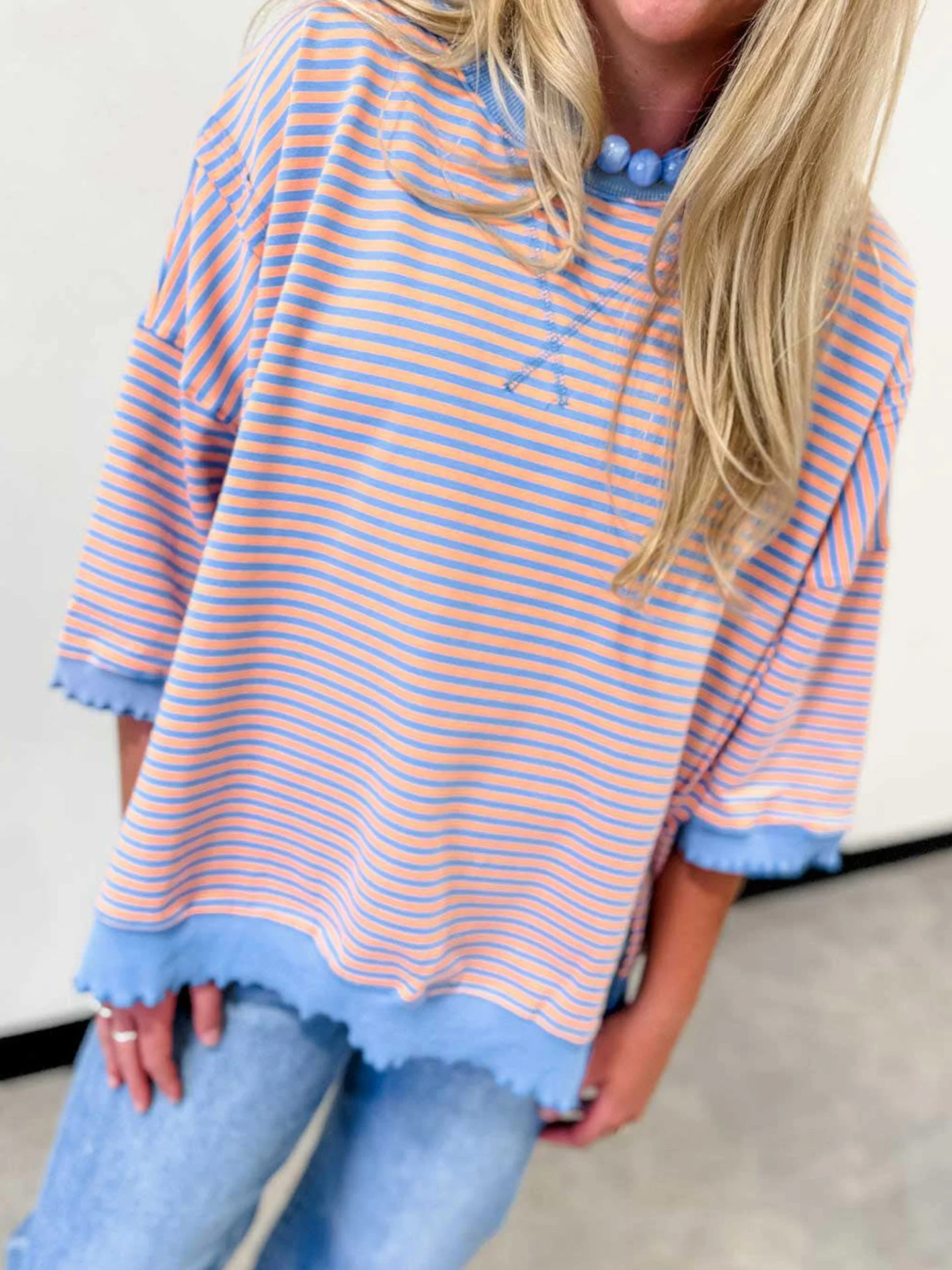 DearLover Women's Loose Fit Striped Color Block round Neck 3/4 Sleeve T-Shirt Casual Comfortable Breathable Spring Summer Top