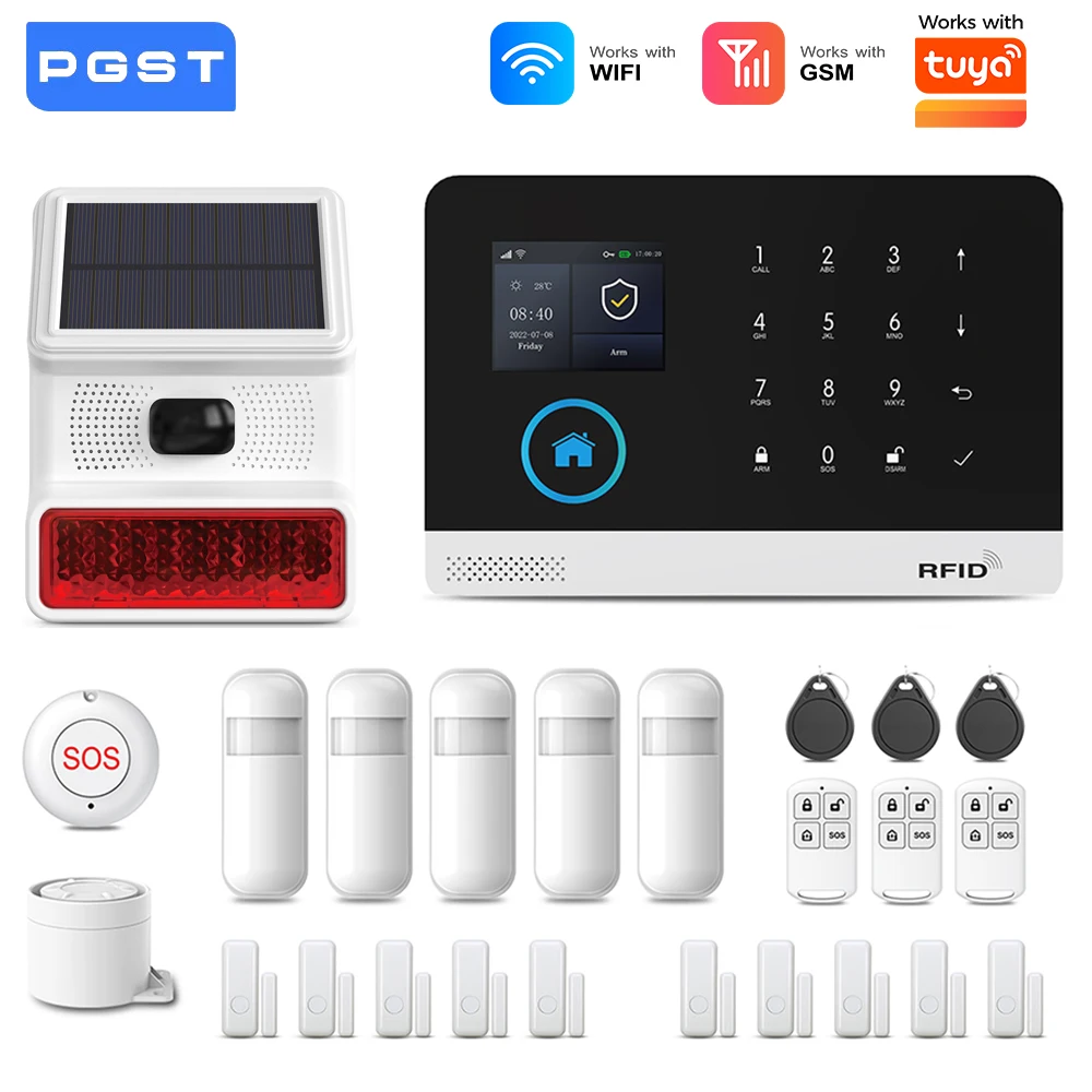 

PGST 2.4G WiFi Home Security Alarm System Works with Tuya Smart Life APP 433MHz Outdoor Solar Siren Burglar Alarm Support Alexa