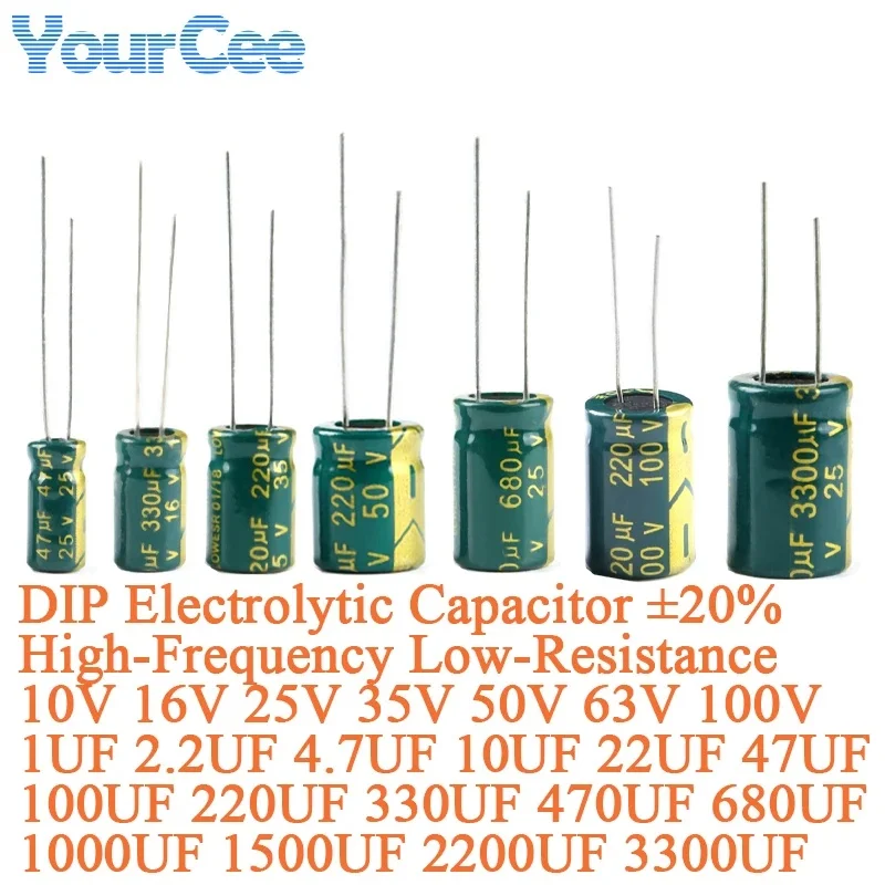 10PCS DIP Electrolytic Capacitor ±20% High-Frequency 10V 16V 25V 35V 50V 63V 100V 1UF 2.2UF 4.7UF 10UF 22UF 47UF 100UF 220UF 330