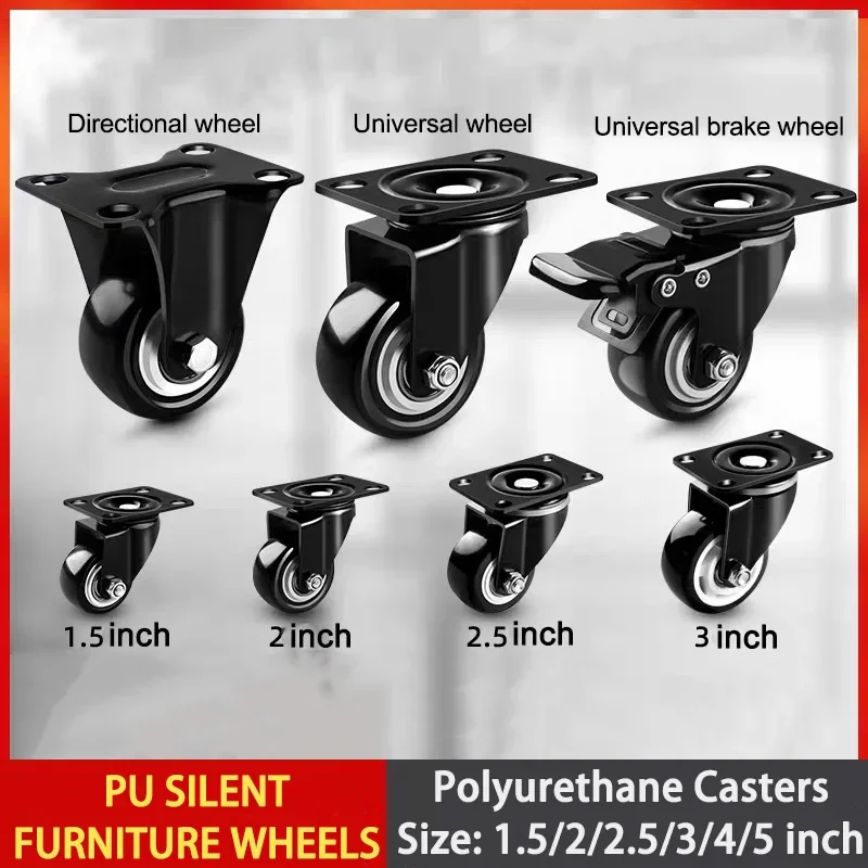 1PCS Furniture Caster 1.5/2/2.5/3/4/5 Inches Soft Polyurethane Universal Wheel Swivel Caster Roller Wheel For Platform Trolley