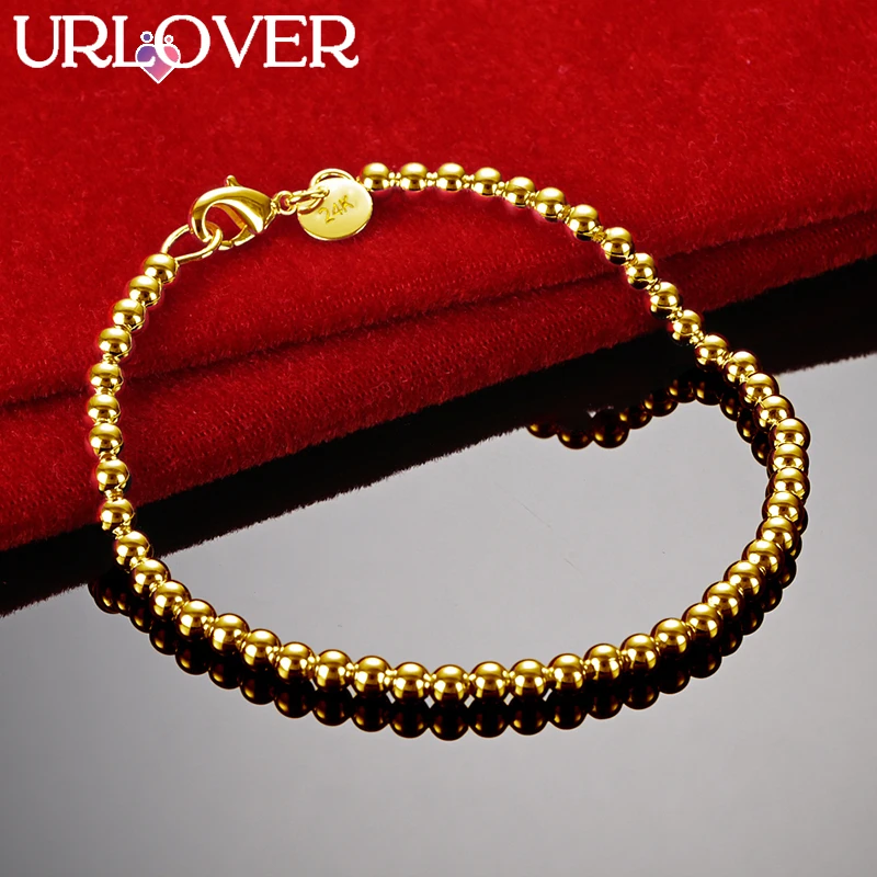 URLOVER 24K Gold Bracelet For Woman 4mm Beads Chain Bracelets Fashion Party Wedding Engagement Jewelry Lady Cute Birthday Gifts