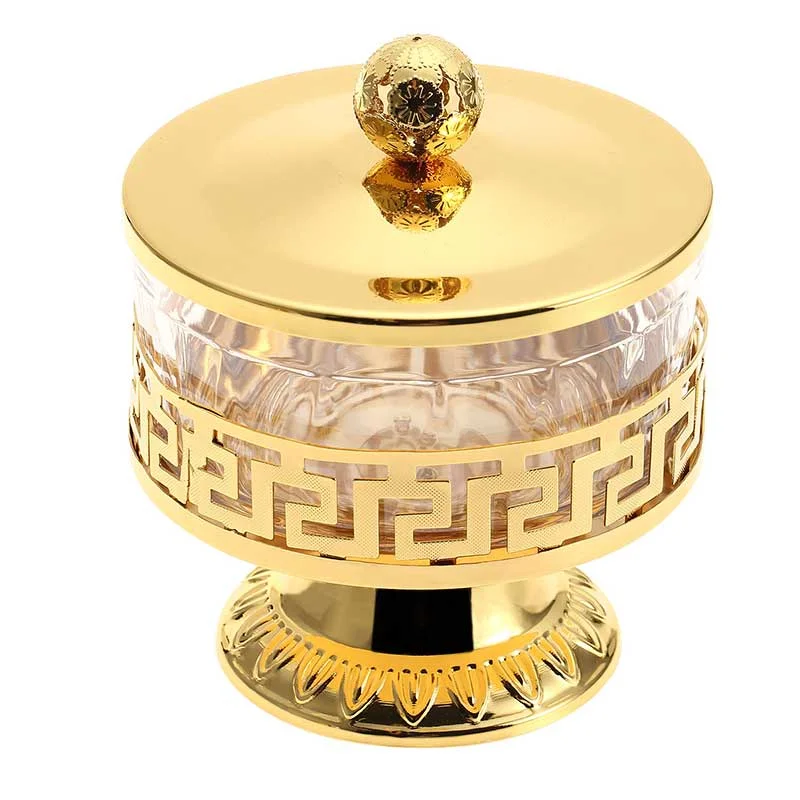 

Gold-plated Candy Jar Tall Jewelry Cotton Swab Box Delicate Wedding Decoration Household Fruit Nut Dessert Tray with Lid