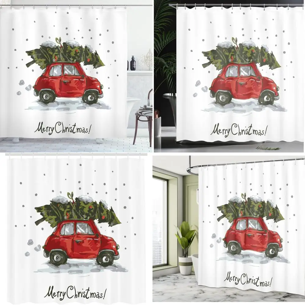 

Рождественская занавеска для душа в стиле ретро-автомобиль - винтажное семейное зимнее праздничное искусство со снежной елкой