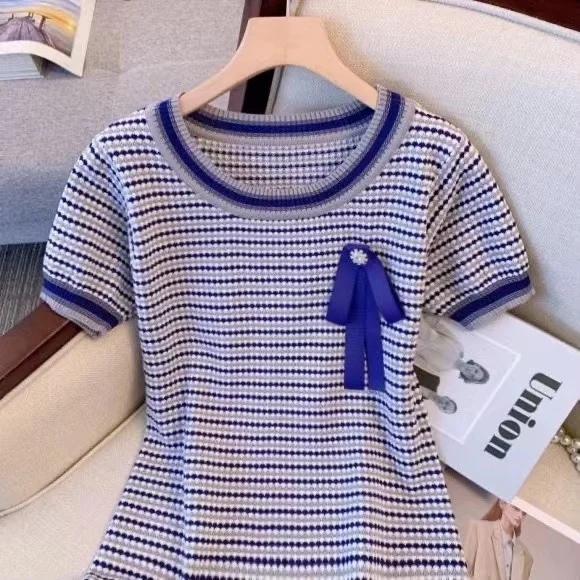 ผู้หญิงสี Patchwork Bows Hem ถักชุดมินิสีฟ้า O คอแขนสั้นยืด Bodycon ชุดลําลอง Vestidos