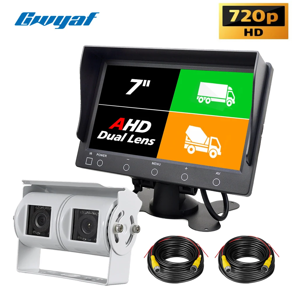 7 inch Dash Monitor IPS Screen+ AHD 720P White Twin Lens Reversing & Rearview Dual Lens Camera Kit for Truck RV Caravan Trailers