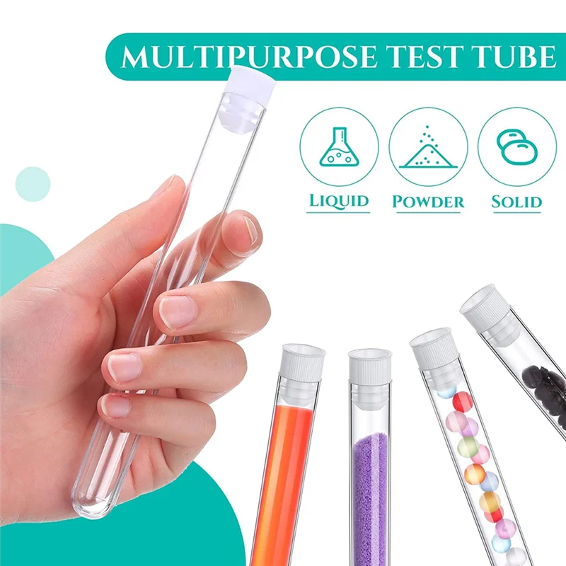 QWE-100Pcs أنابيب اختبار واضحة مع أغطية 25 مللي أنبوب بلاستيكي 16X150 مللي متر قوارير بلاستيكية للتجارب العلمية لوازم الحفلات