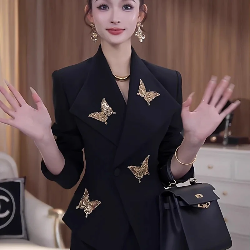 2026 Spring Autumn Winter New Suits Coat Women's High Quality Black Suit Jacket Design Nail Bead Sequin Waist Cinching Suit Top