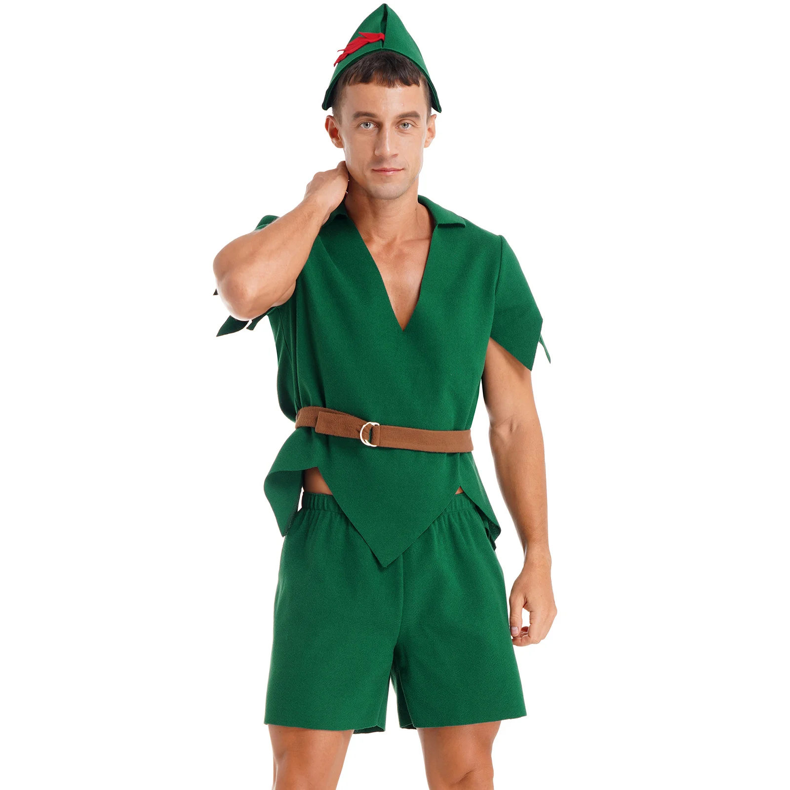 

Mens Elf Role Play Costume Halloween Carnival Theme Party Roleplay Outfits V Neck Short Sleeve Jagged Felt Tops Shorts Belt Hat