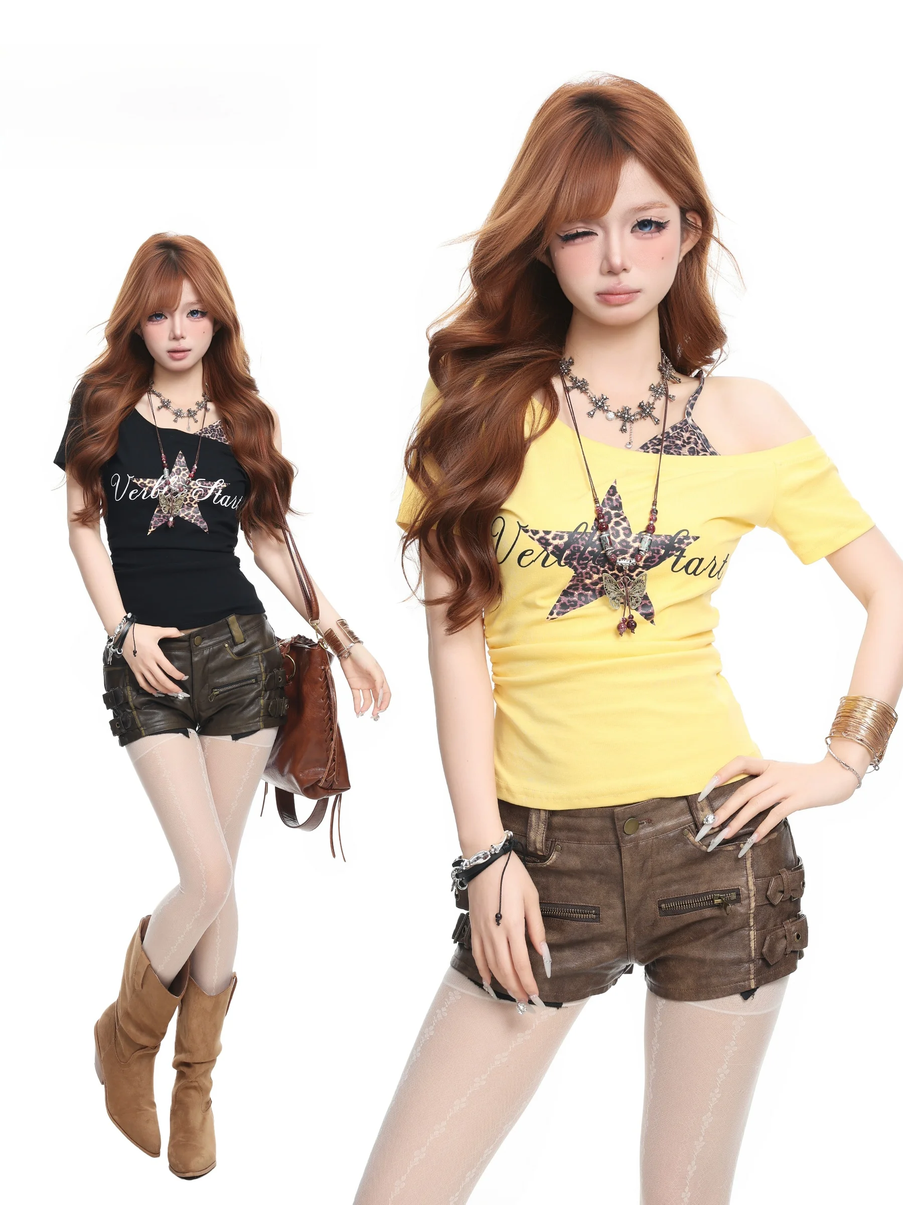 Basterds American Style Hot Girl Star Leopard Print Short Sleeve Slim Fit Shoulder T-Shirt Women Summer Casual High Waist Top