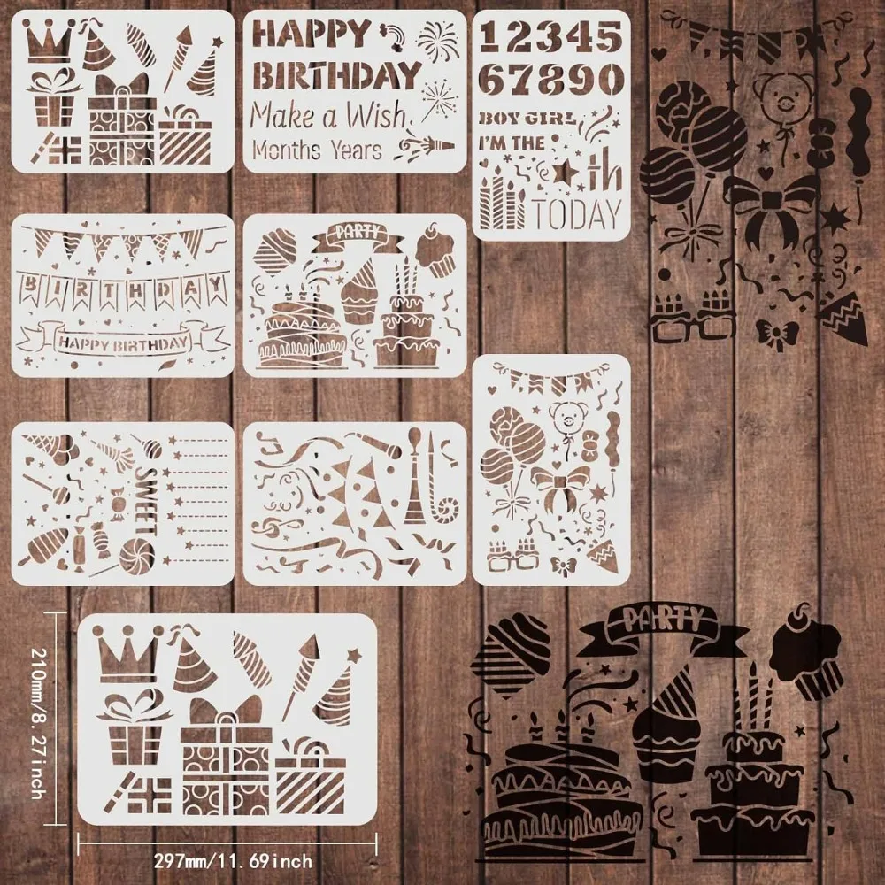 8pcs Bithday Party Drawing Painting Stencils Templates (11.6x8.3inch) Bithday Theme Templates Decoration Happy Bithday Drawing