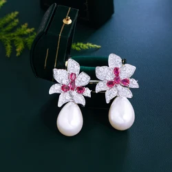 CWWZircons Glamorous Sparkly Cubic Zirconia Big Red Leaf Flower Pearl Drop Earrings for Women Party Engagement Jewelry CZ695