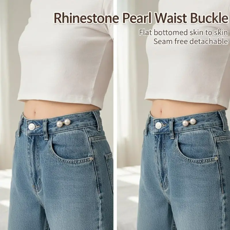 Pearl Rhinestone Jean Button Adjustable No Sew Waist Buckle Quick Fix Pant Clasps Reusable for Denim Skirt Trousers