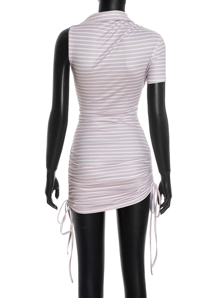 Weird Puss Side Shirring Dress Women Stripe Print Chic Irregular Sleeve Bandage Skinny 2026 Summer Stretch Skinny Mini Bodycon